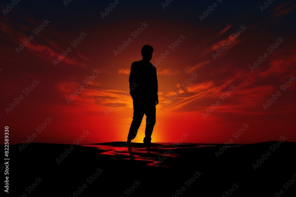 Solitary figure standing in contemplation at sunset, silhouetted against the vibrant colors of the evening sky, reflecting on the tranquil and peaceful beauty of nature