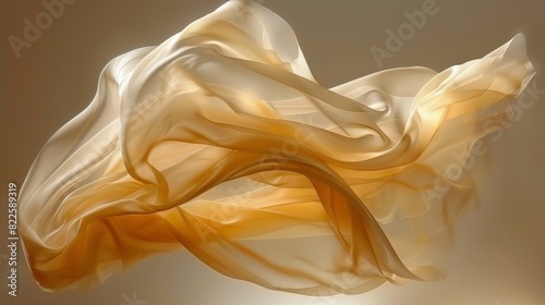  A tight shot of a white and yellow object against a gray backdrop The fabric, subtly depicted, seems to billow in the wind before it