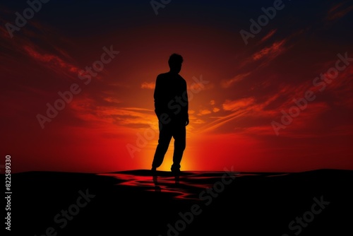 Solitary figure standing in contemplation at sunset, silhouetted against the vibrant colors of the evening sky, reflecting on the tranquil and peaceful beauty of nature