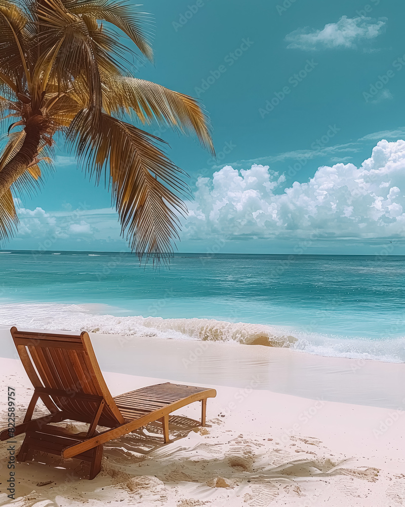 One empty sunlounger on beach on shore of blue, calm ocean with palm tree in tropical country, travel or vacation background banner with lounge chair and copy space