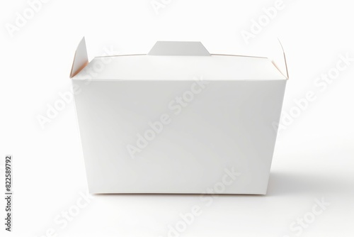 Closed, empty white takeout box set against a clean white background, ideal for branding mockups photo