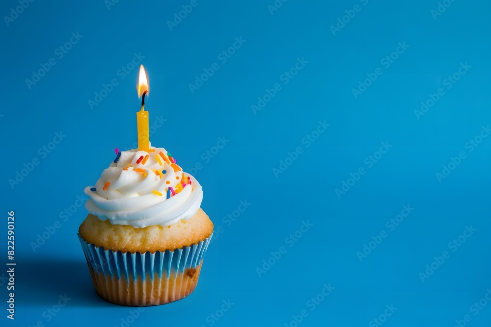 Cupcake with One Candle on Blue Background for Celebration Cupcake with One Candle on Blue Background for Celebration