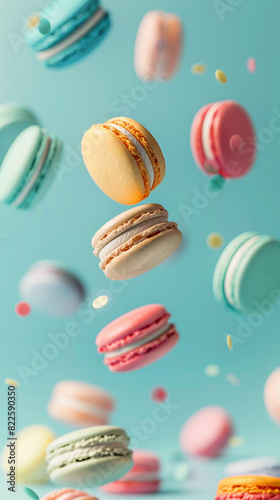 Wallpaper Mural Tasty colorful macarons flying floating on light  background, vertical banner for instastory or tiktok  Torontodigital.ca