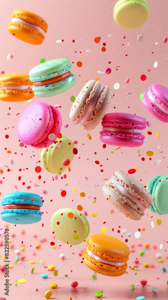 Tasty colorful macarons flying floating on light background, vertical banner for instastory or tiktok Tasty colorful macarons flying floating on light background, vertical banner for instastory or tiktok