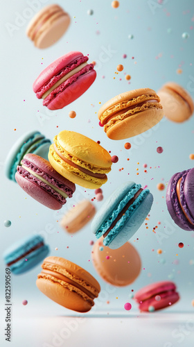 Wallpaper Mural Tasty colorful macarons flying floating on light  background, vertical banner for instastory or tiktok  Torontodigital.ca