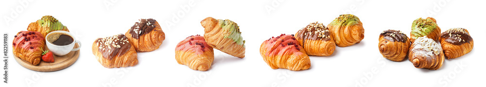 Set of tasty sweet croissants on white background Set of tasty sweet croissants on white background