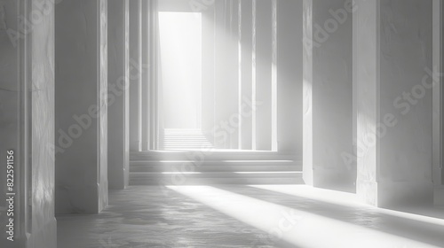  A long hallway with columns Light enters from the ends of adjacent columns