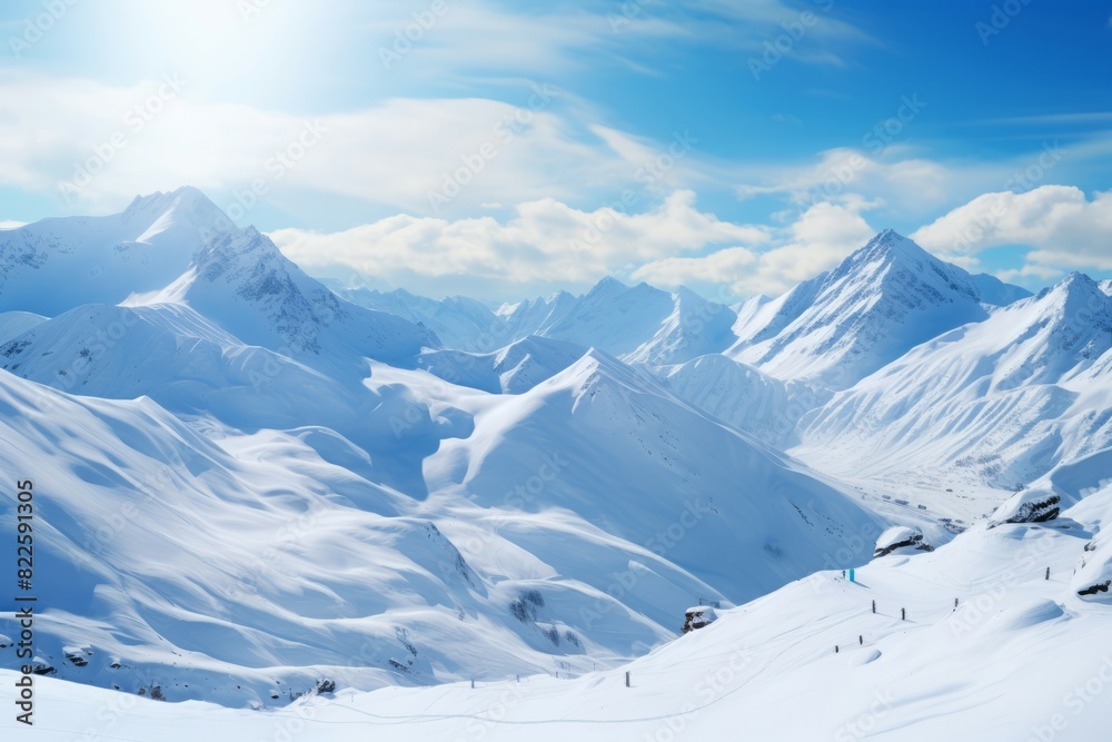 Fototapeta premium Panoramic view of serene snow-covered mountains with clear blue skies