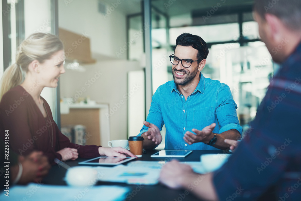 Obraz premium Business people, teamwork and meeting with discussion in boardroom for finance project and investment planning. Professional, collaboration and employees with tablet, paperwork or strategy with ideas