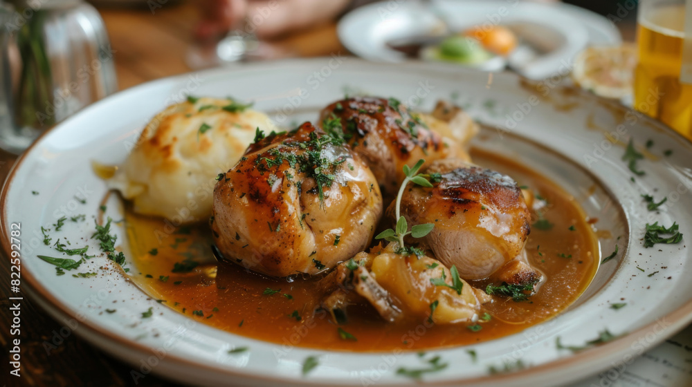 Traditional czech roasted meat with fluffy dumplings, savory gravy, and herb garnish on a rustic wooden table Traditional czech roasted meat with fluffy dumplings, savory gravy, and herb garnish on a rustic wooden table