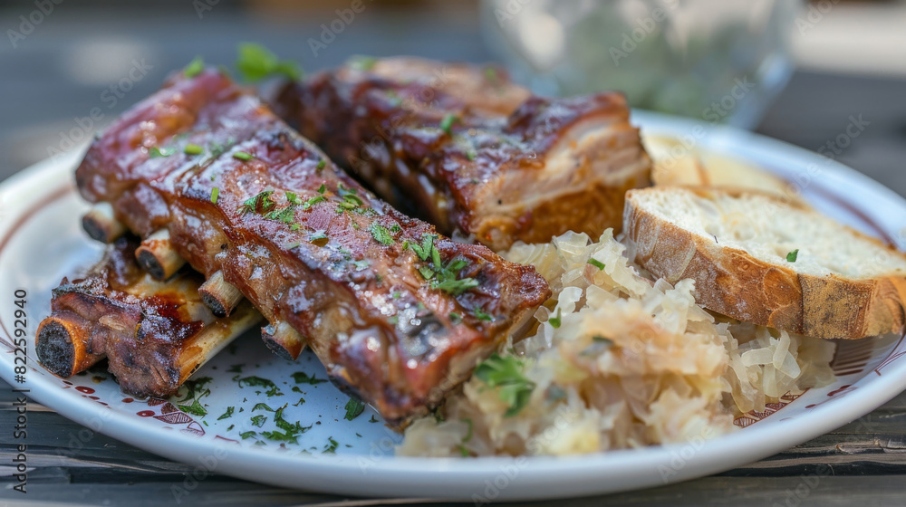 Authentic czech cuisine: grilled pork ribs with sauerkraut and bread, beautifully plated on white dish