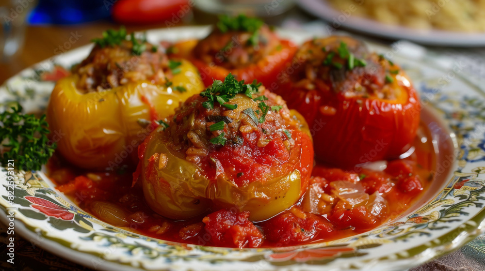 Authentic central european cuisine: czech stuffed peppers with fresh herb garnish, presented on a decorative plate Authentic central european cuisine: czech stuffed peppers with fresh herb garnish, presented on a decorative plate