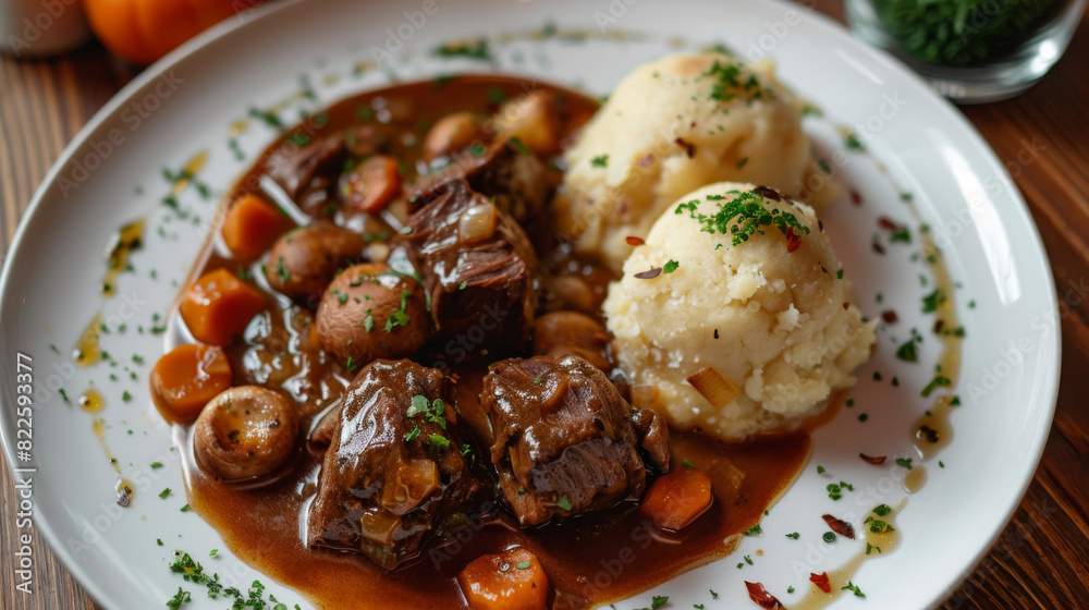 Classic czech beef goulash with airy dumplings and herbs, a traditional eastern european meal displayed on a white plate Classic czech beef goulash with airy dumplings and herbs, a traditional eastern european meal displayed on a white plate