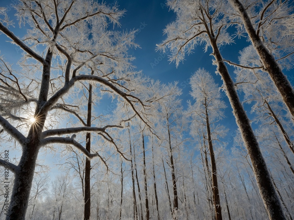 Obraz premium Sunlight pierces through serene, snow-covered forest, casting shadows, illuminating intricate frost patterns on bare branches of tall trees. Sky clear blue.