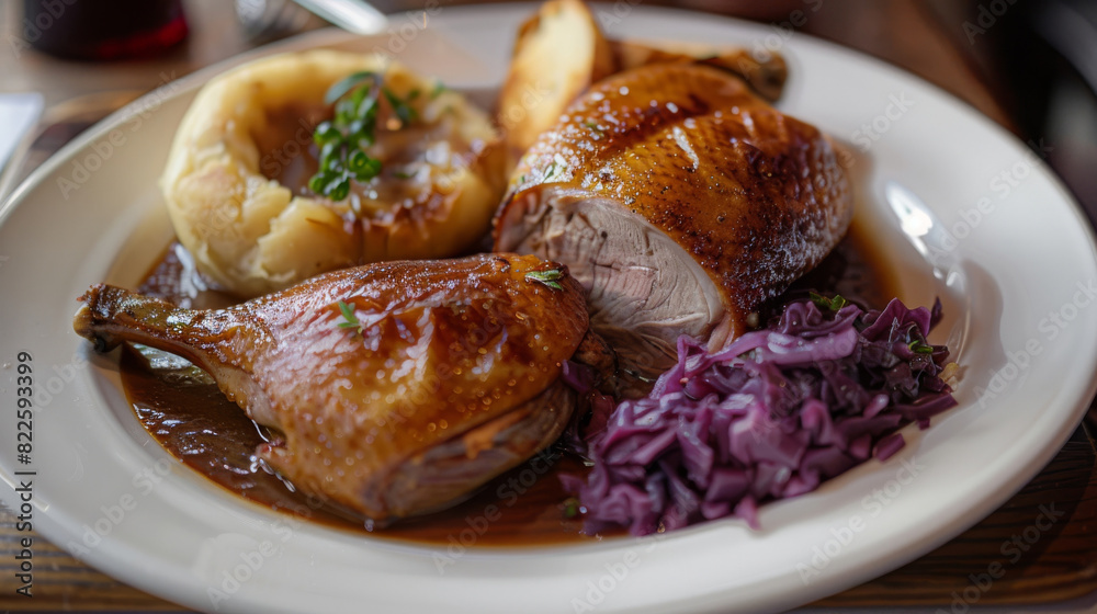 Succulent roast duck served with red cabbage, dumplings, and rich gravy, showcasing authentic czech cuisine on a white plate Succulent roast duck served with red cabbage, dumplings, and rich gravy, showcasing authentic czech cuisine on a white plate