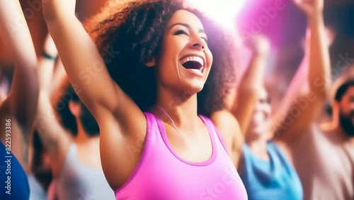 A joyful woman in a vibrant fitness class, wearing athletic wear, smiling, cheering with raised arms, surrounded by other enthusiastic participants. Energy, exercise, motivation, happiness, community. photo
