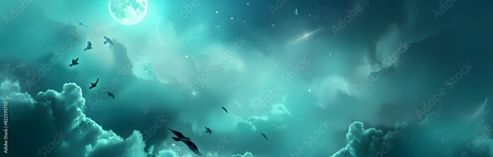Fantasy Sky with Full Moon, Clouds, and Birds