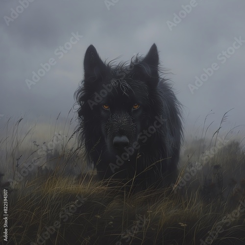 Gwyllgi Show the Gwyllgi, a spectral black dog, prowling through a misty Welsh landscape
