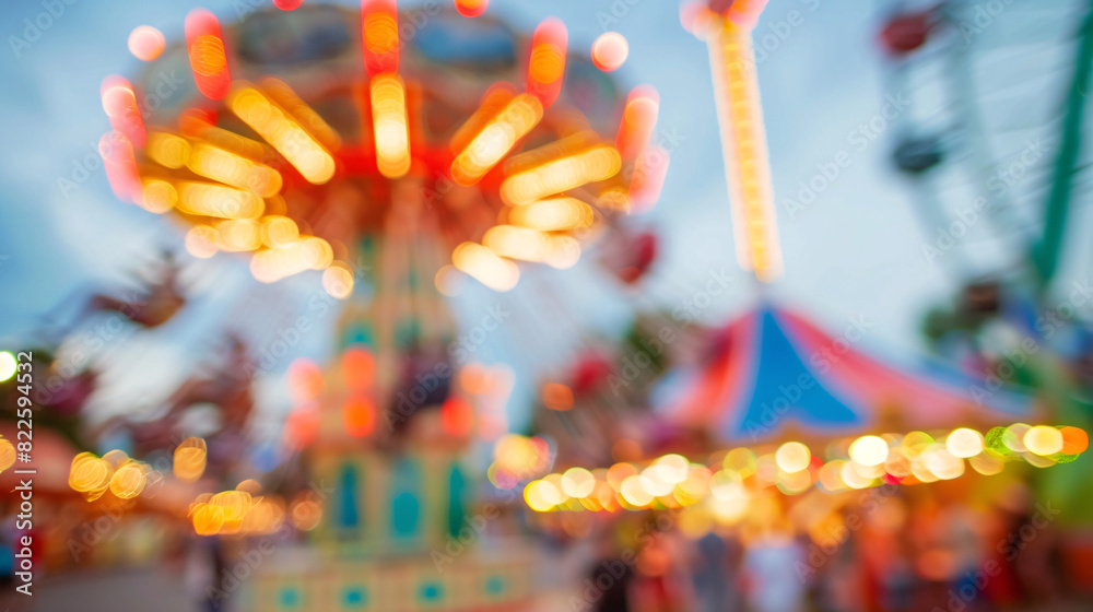 Amusement park bokeh lights. Blurred colorful lights of amusement park rides in motion at twilight, festive summer fair background Amusement park bokeh lights. Blurred colorful lights of amusement park rides in motion at twilight, festive summer fair background