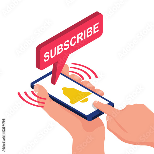 Subscribe button. Man on the phone clicks the Subscribe button. Content web. Vector illustration flat design. Isolated on white background. The bell as a reminder symbol behind the subscriber.