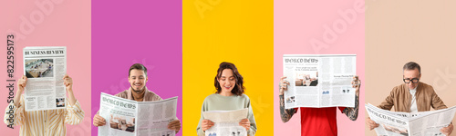 Collage of different people reading newspapers on color background