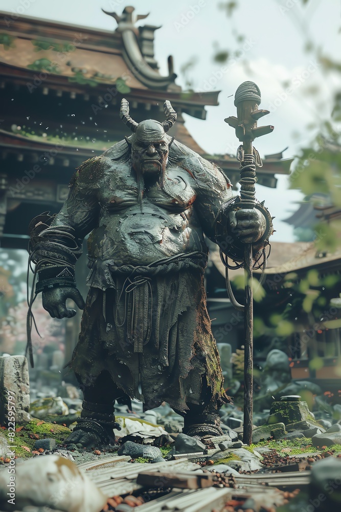 Oni Japanese Show an Oni wielding a massive club, standing amidst the ruins of a village it has ravaged Oni Japanese Show an Oni wielding a massive club, standing amidst the ruins of a village it has ravaged