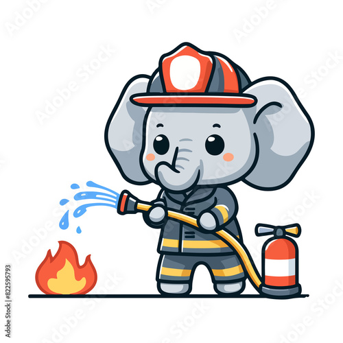 cute elephant firefighter icon character cartoon