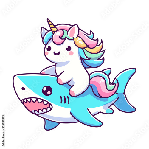 cute unicorn riding shark icon character cartoon