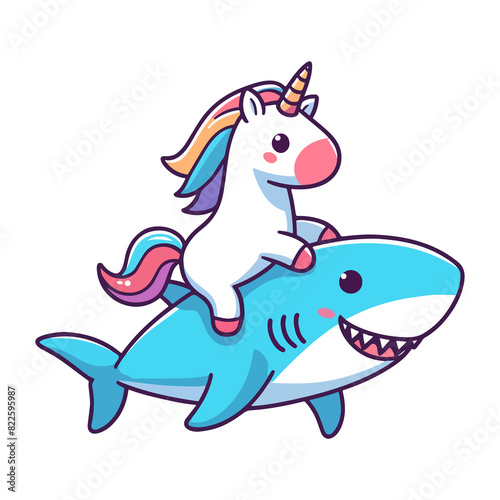 cute unicorn riding shark icon character cartoon