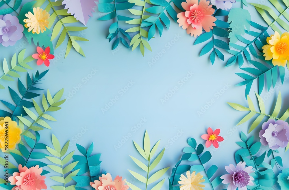 Oval Frame of Colorful Paper Flowers on Light Blue Background Oval Frame of Colorful Paper Flowers on Light Blue Background