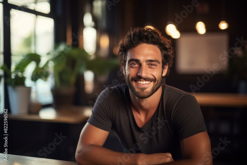 Charismatic young adult male with a joyful smile sitting casually inside a cozy cafe
