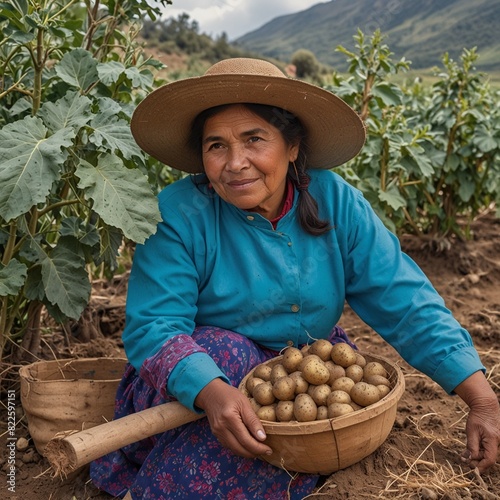 Andean farmer woman harvesting potatoes in a garden