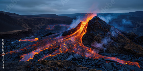Red hot boiling lava flows out of a petrified volcano