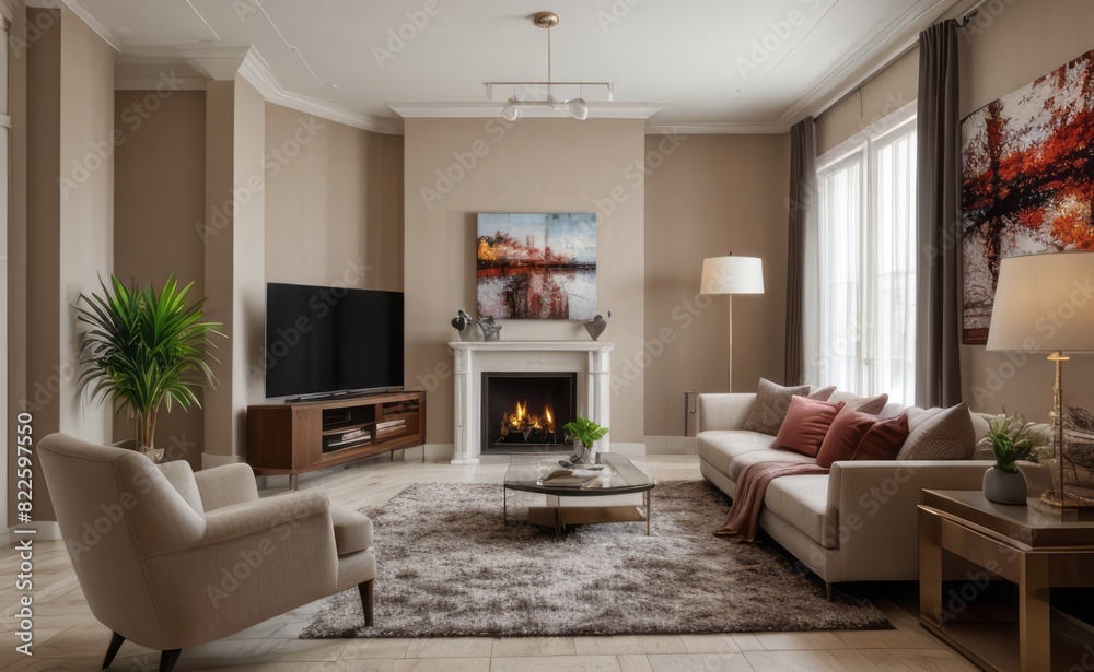 Fototapeta premium Sophisticated professional photograph of a burgundy and rose gold luxury living room interior with abstract art and indoor palm trees