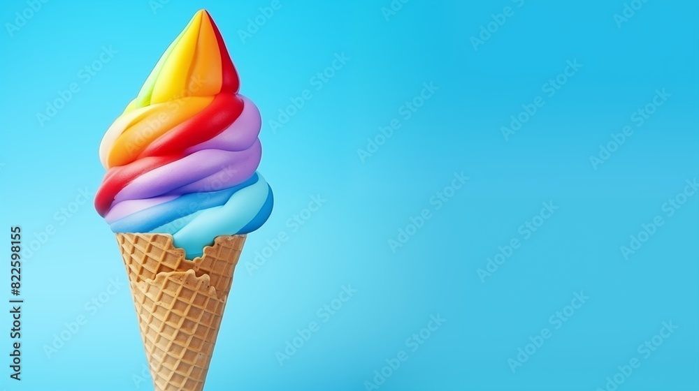 A vibrant waffle cone filled with rainbow-colored swirled ice cream against a bright blue background A vibrant waffle cone filled with rainbow-colored swirled ice cream against a bright blue background