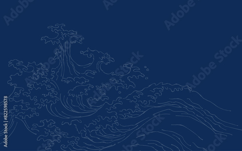 和風タッチ紺色の荒ぶる海の波しぶき。
