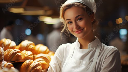 Closeup woman baker taking from the oven tray of fresh baked pastry on a blurred bakehouse background
