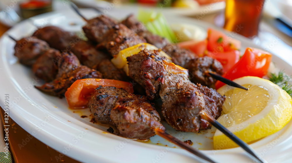 Close-up shot of delicious skewered meat, grilled to perfection, served with fresh lemon, tomatoes, and greens on a white plate Close-up shot of delicious skewered meat, grilled to perfection, served with fresh lemon, tomatoes, and greens on a white plate