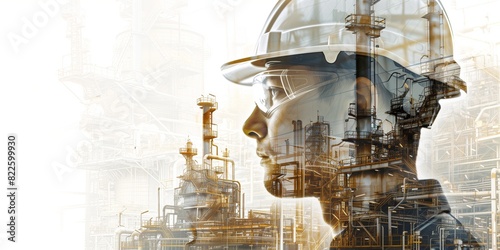 Industrial illustration. Double exposure of an engineer with oil plants in the background. Engineering, energy. Ideal for industry, oil, and technology themes. photo