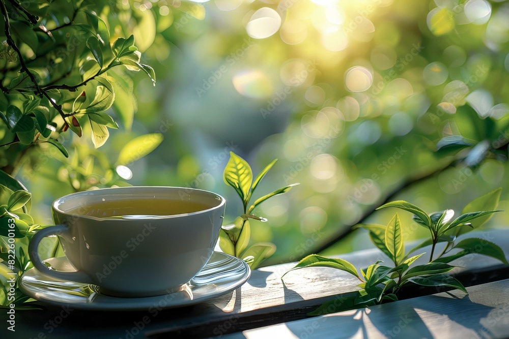 Cup of tea on saucer table Cup of tea on saucer table