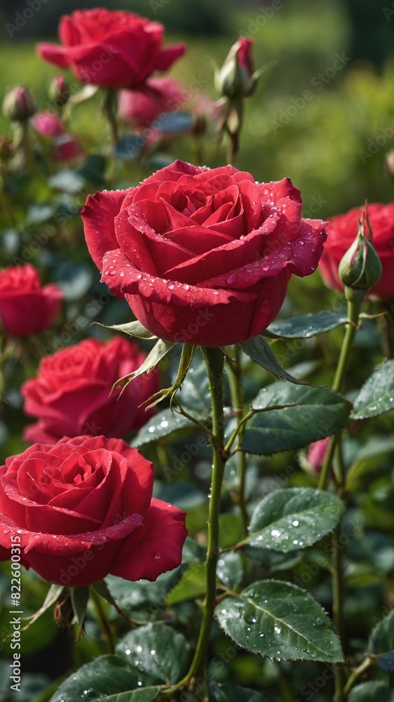 Image displays close-up of vibrant red roses with dewdrops on their petals, set against blurred background of green foliage. Foreground shows several blooming roses, buds at various stages of opening. Image displays close-up of vibrant red roses with dewdrops on their petals, set against blurred background of green foliage. Foreground shows several blooming roses, buds at various stages of opening.