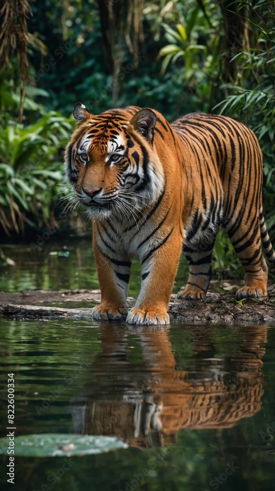 Majestic tiger stands beside water body, creating mirror image on surface. Orange fur with black stripes of tiger contrasts with lush greenery in background. Water calm. Majestic tiger stands beside water body, creating mirror image on surface. Orange fur with black stripes of tiger contrasts with lush greenery in background. Water calm.