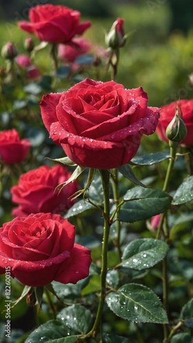 Image displays close-up of vibrant red roses with dewdrops on their petals  set against blurred background of green foliage. Foreground shows several blooming roses  buds at various stages of opening.