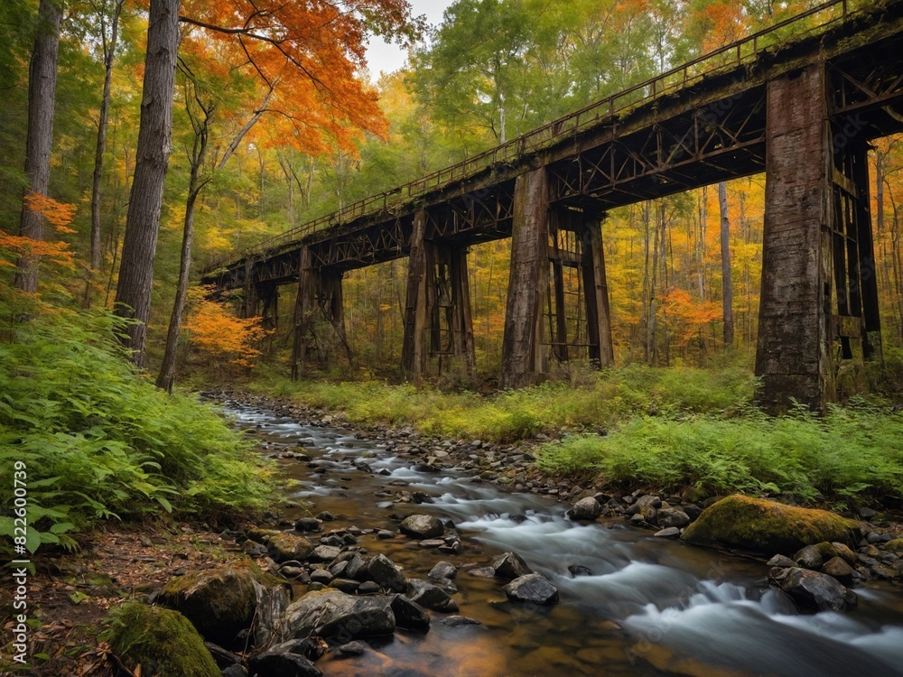 Rustic wooden railroad bridge spans across gently flowing stream, surrounded by vibrant colors of autumn foliage. Leaves display gradient from green to fiery orange. Rustic wooden railroad bridge spans across gently flowing stream, surrounded by vibrant colors of autumn foliage. Leaves display gradient from green to fiery orange.