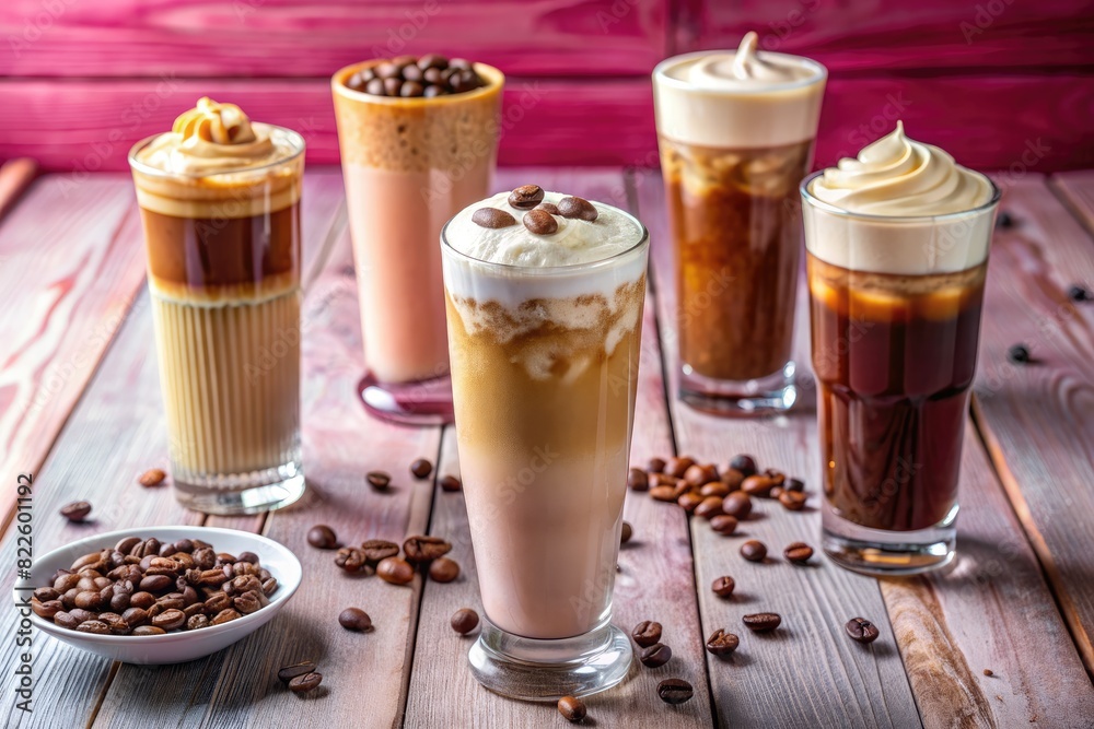 Array of Iced Coffee Drinks with Coffee Beans Array of Iced Coffee Drinks with Coffee Beans