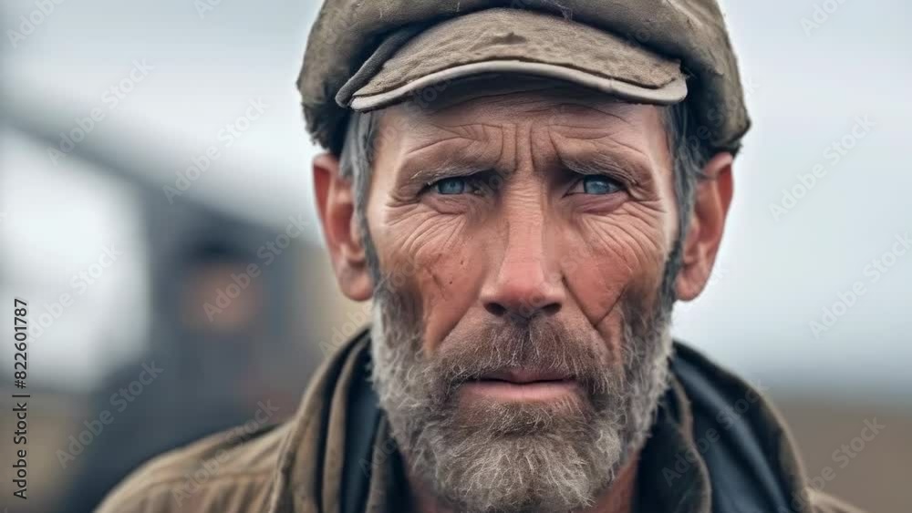 A rugged, bearded man wearing a brown cap stands outdoors, staring intently. His weathered face suggests a hard-working, resilient outdoor lifestyle, possibly linked to rural or agricultural work. A rugged, bearded man wearing a brown cap stands outdoors, staring intently. His weathered face suggests a hard-working, resilient outdoor lifestyle, possibly linked to rural or agricultural work.