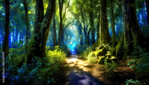  A tranquil forest path dappled with sunlight filtering through the canopy  inviting exploration. 