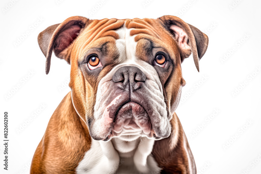 English bulldog in studio setting against white backdrop, showcasing their playful and charming personalities in professional photoshoot.