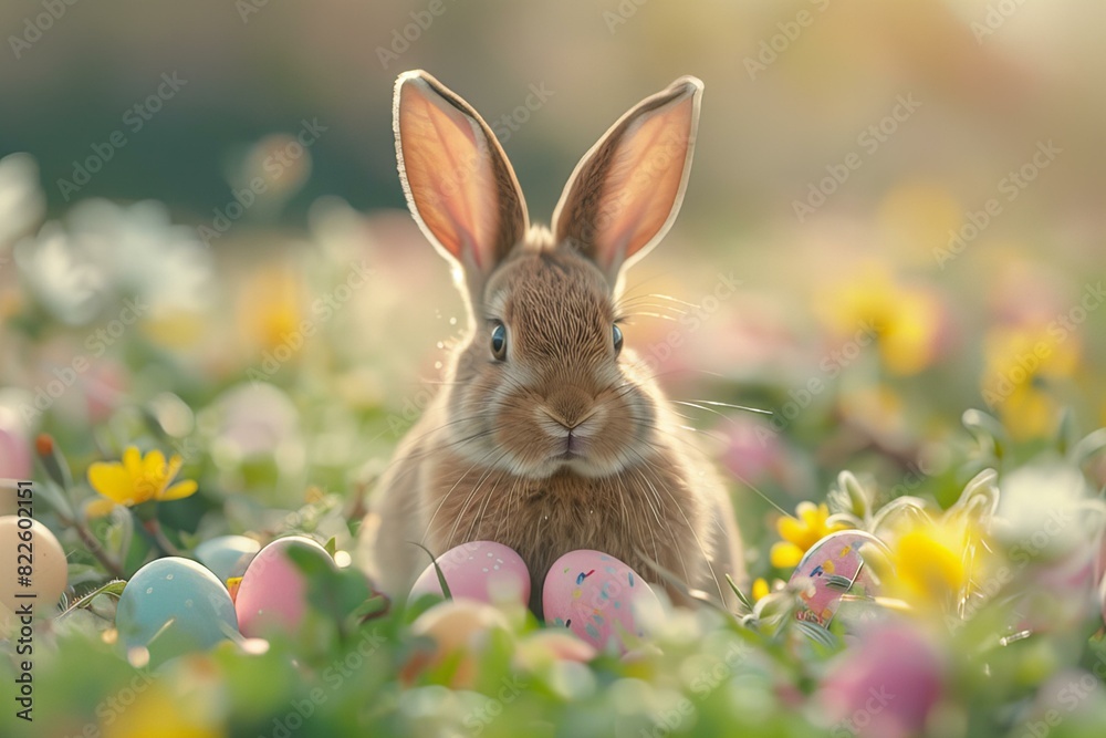 Rabbit sitting field flowers eggs Rabbit sitting field flowers eggs