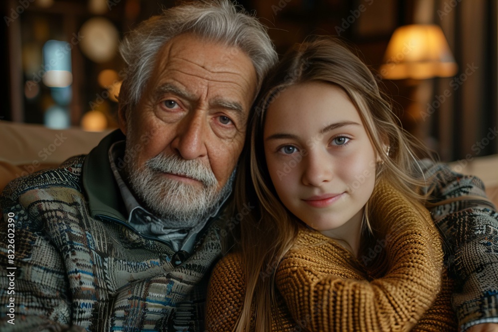 Old man and young girl on couch in living room Old man and young girl on couch in living room